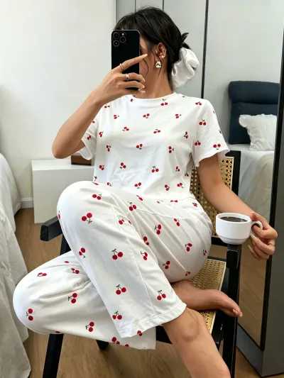 Women'S Fashion Casual Cotton Love Printed Round-Neck Short-Sleeve T-Shirt Pants Pajamas Two-Piece Set