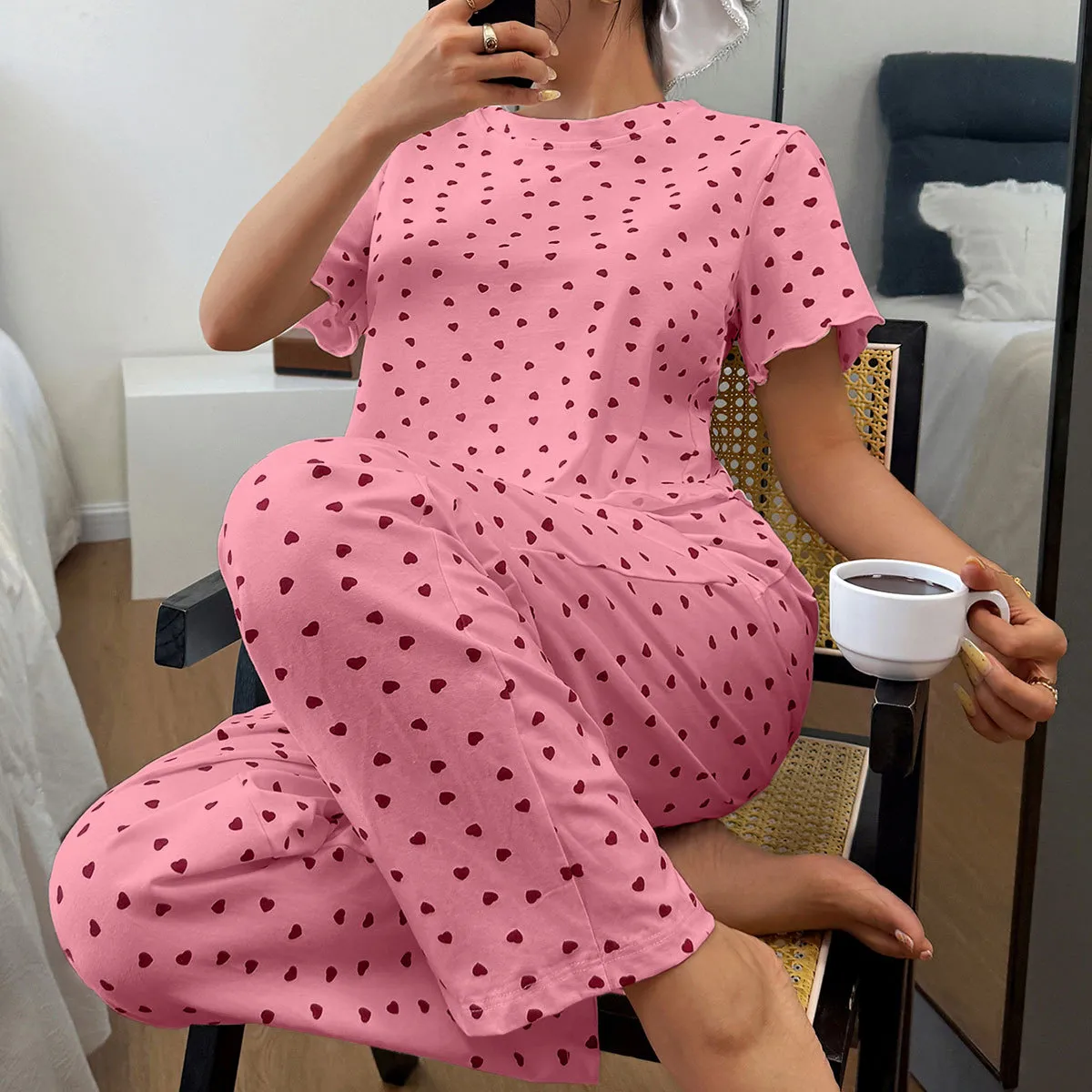 Women'S Fashion Casual Cotton Love Printed Round-Neck Short-Sleeve T-Shirt Pants Pajamas Two-Piece Set