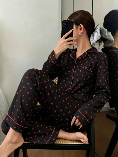 Women Fashion Casual Autumn And Winter Printed Lapel Long Sleeve Cardigan Loose Pants Pajamas Two-Piece Set