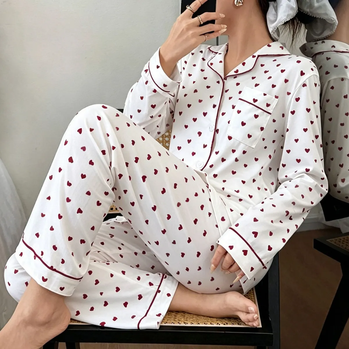 Women Fashion Casual Autumn And Winter Printed Lapel Long Sleeve Cardigan Loose Pants Pajamas Two-Piece Set
