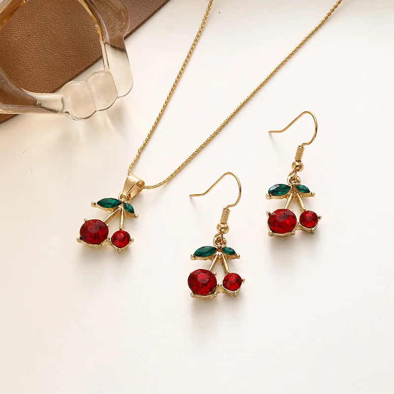 Women Fashion Red Rhinestone Cherry Clavicle Chain Earrings Necklace Jewelry Set