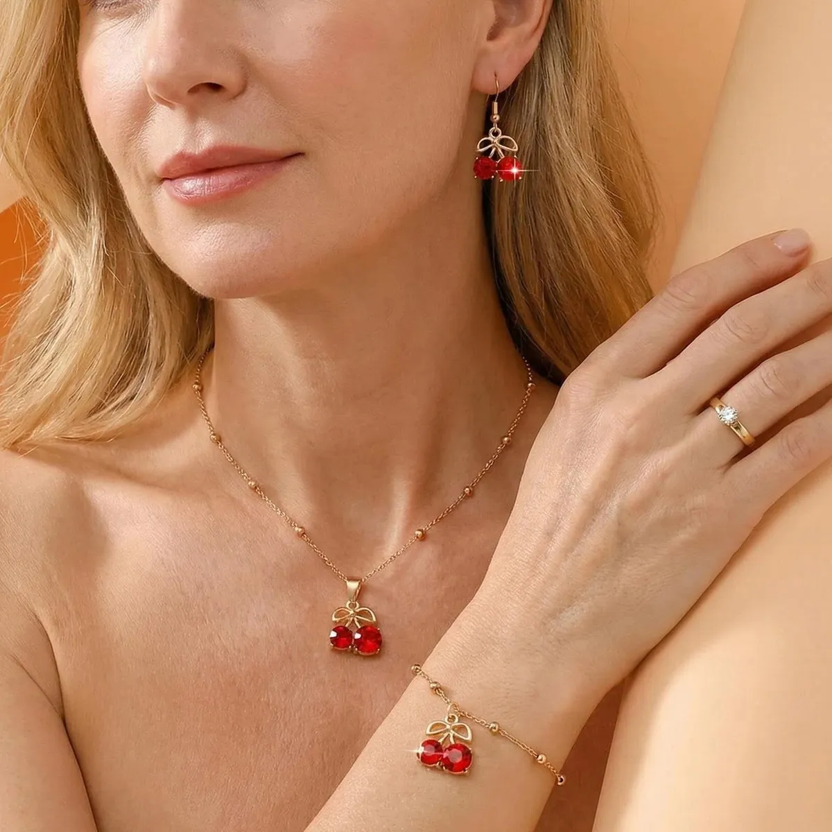 Women Fashion Cute Red Rhinestone Cherry Necklace Earrings Bracelet Ring Jewelry Set