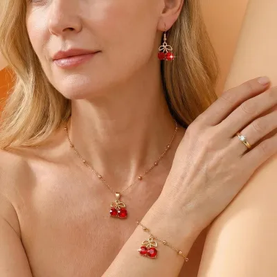 Women Fashion Cute Red Rhinestone Cherry Necklace Earrings Bracelet Ring Jewelry Set
