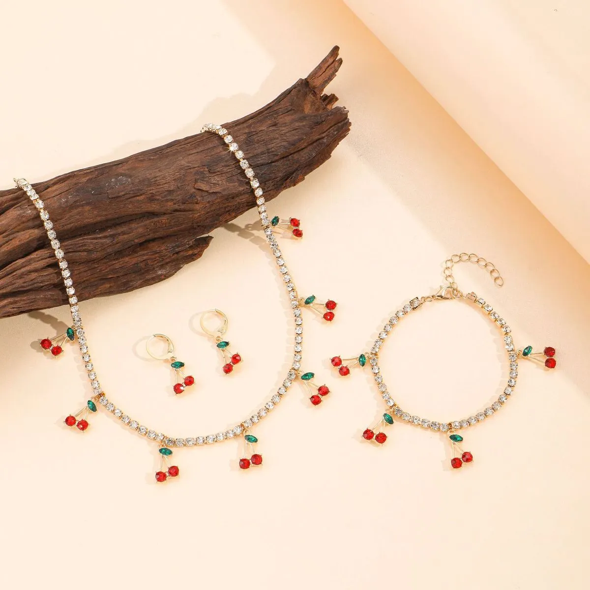 Women Fashion Sweet Cherry Rhinestone Necklace Earrings Bracelet Jewelry Set