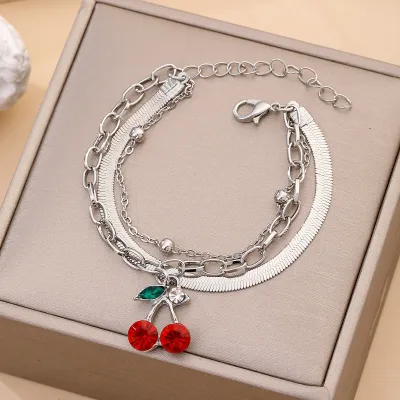 Woemn Fashion Sweet Cherry Multi-Layer Snake Bone Chain Bracelet
