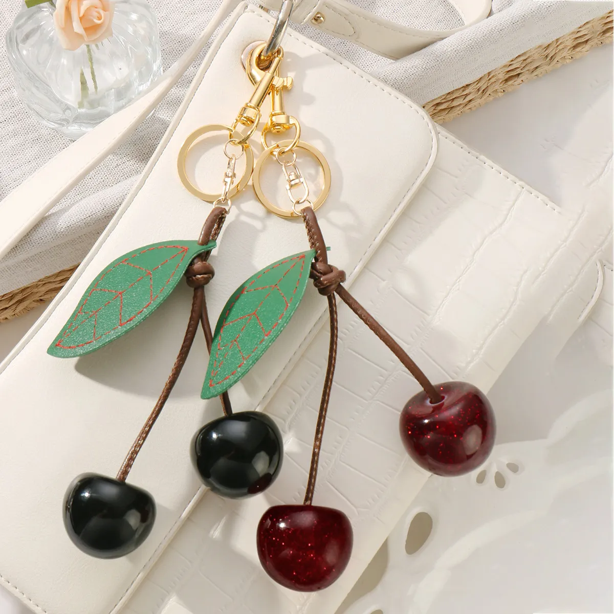 Women Fashion Sweet Simulation Leather Leaf Resin Fine Flash Cherry Pendant Keychain