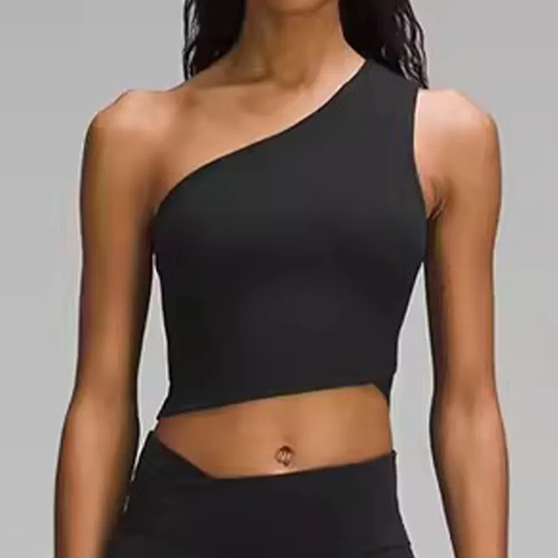 Women Fashion Sexy Solid Color Asymmetric Shoulder With Chest Pad Sports Yoga Tank Top