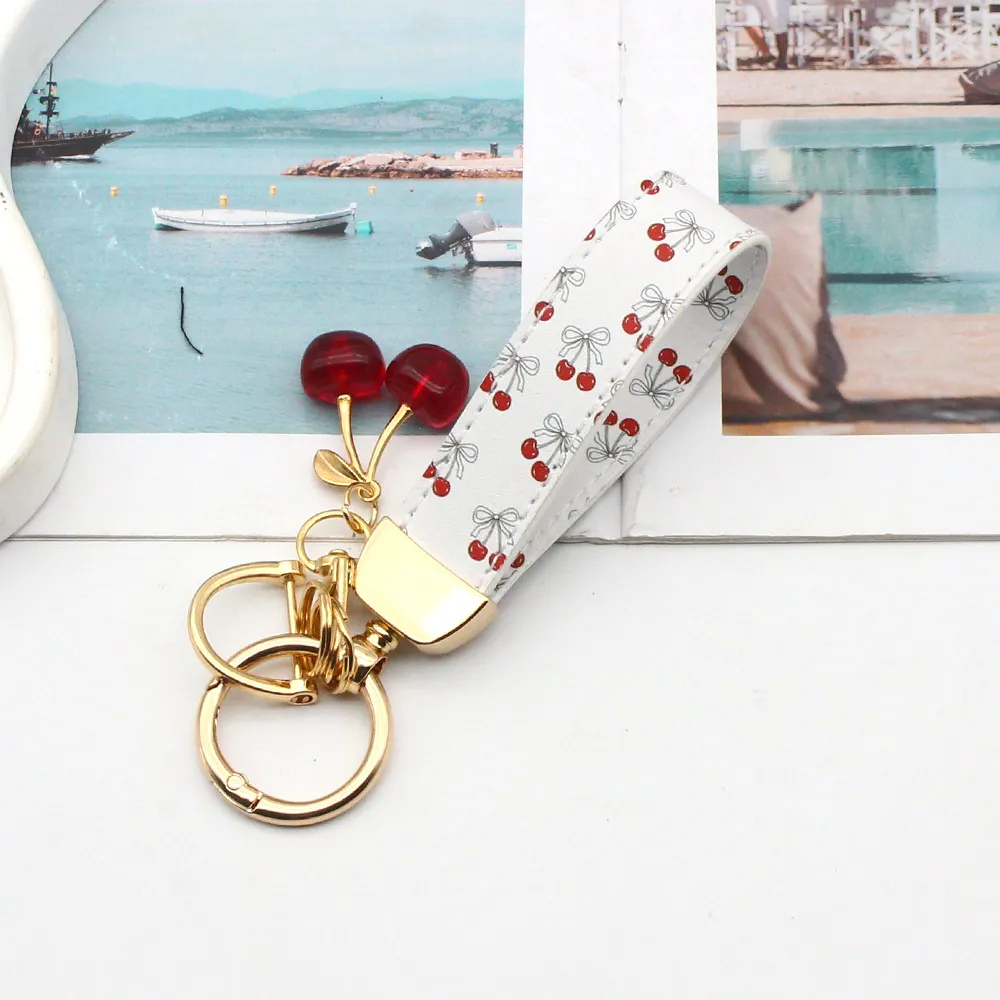 Women Fashion Cute Cherry Print Cherry Pendant Pu Leather Wrist Strap Keychain
