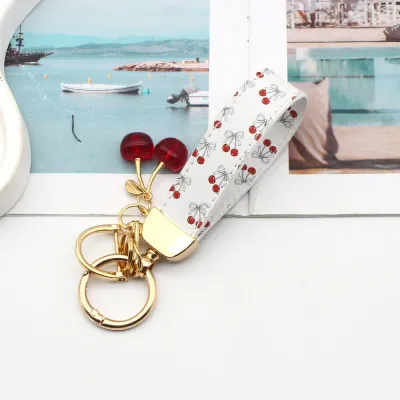 Women Fashion Cute Cherry Print Cherry Pendant Pu Leather Wrist Strap Keychain