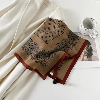 Women Fashion Retro Herringbone Printed Imitation Cotton And Linen Square Scarf