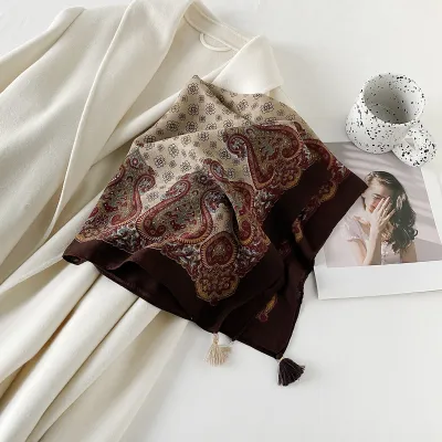 Women Fashion Retro Herringbone Printed Imitation Cotton And Linen Square Scarf