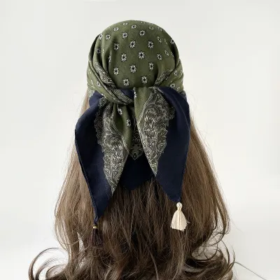 Women Fashion Retro Herringbone Printed Imitation Cotton And Linen Square Scarf