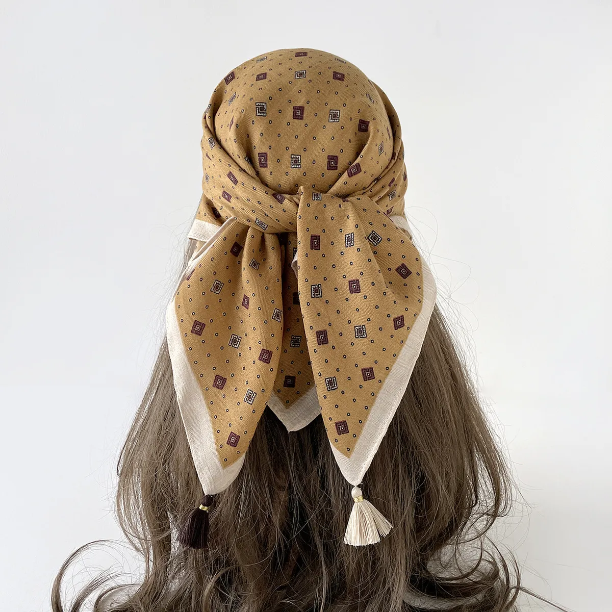Women Fashion Retro Herringbone Printed Imitation Cotton And Linen Square Scarf