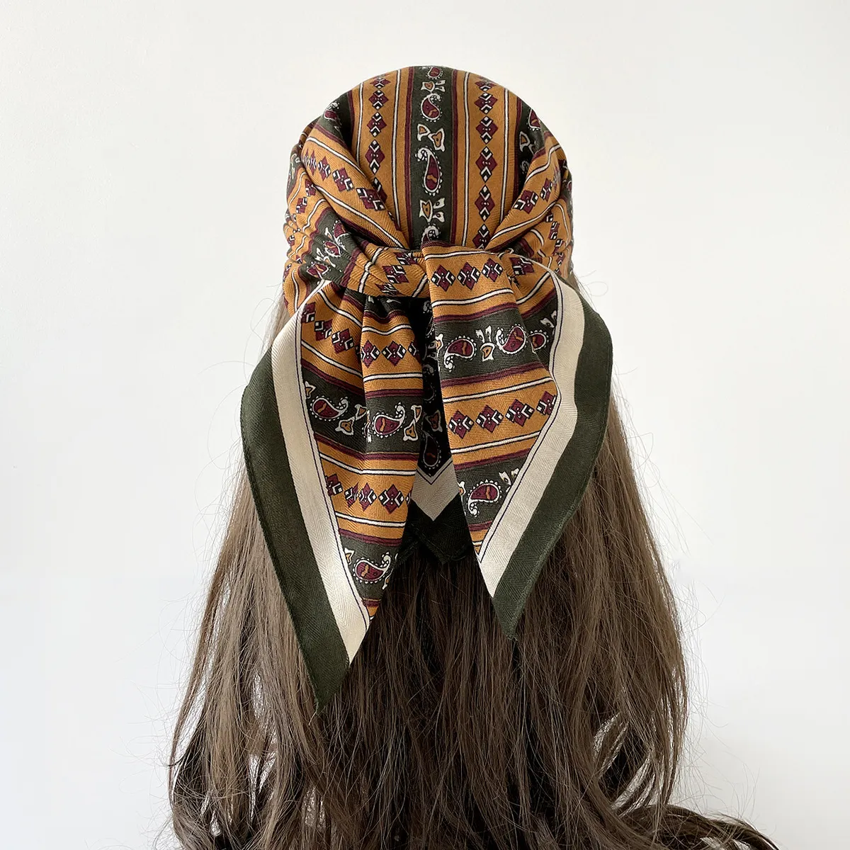 Women Fashion Retro Herringbone Stripe Printed Square Silk Scarf