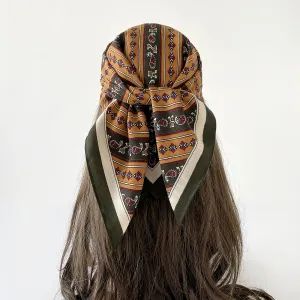 Women Fashion Retro Herringbone Stripe Printed Square Silk Scarf