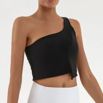 Women Fashion Irregular Solid Color One-Shoulder Pleated High Elastic Quick-Dry With Chest Pad Yoga Tank Top