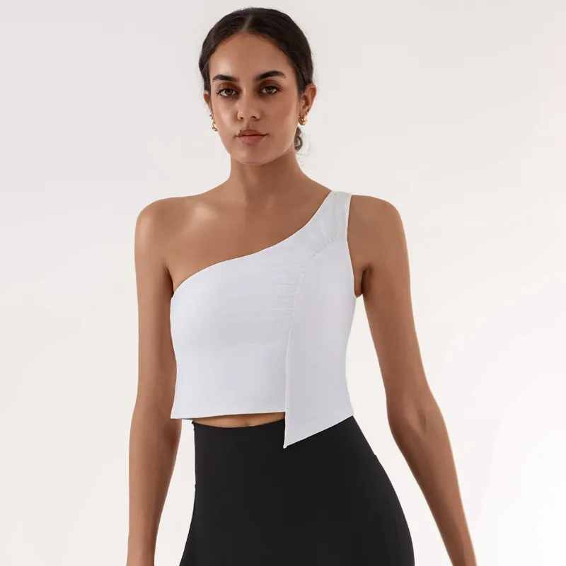 Women Fashion Irregular Solid Color One-Shoulder Pleated High Elastic Quick-Dry With Chest Pad Yoga Tank Top
