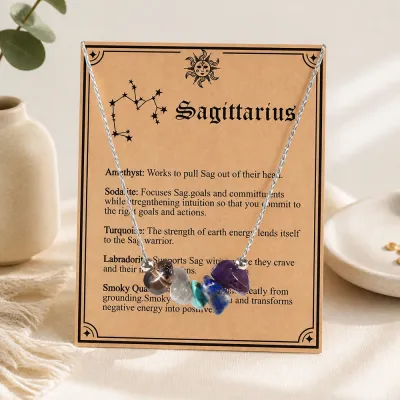 Women Fashion 12 Zodiac Card Gravel Necklace