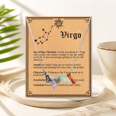 Women Fashion 12 Zodiac Card Gravel Necklace
