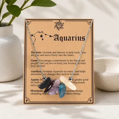 Women Fashion 12 Zodiac Card Gravel Necklace
