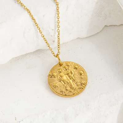 Women Fashion Twelve Zodiac Embossed Plated 18k Gold Pendant Necklace
