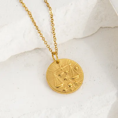 Women Fashion Twelve Zodiac Embossed Plated 18k Gold Pendant Necklace