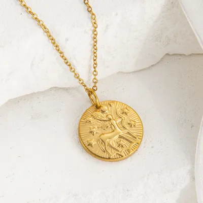 Women Fashion Twelve Zodiac Embossed Plated 18k Gold Pendant Necklace