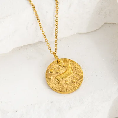 Women Fashion Twelve Zodiac Embossed Plated 18k Gold Pendant Necklace