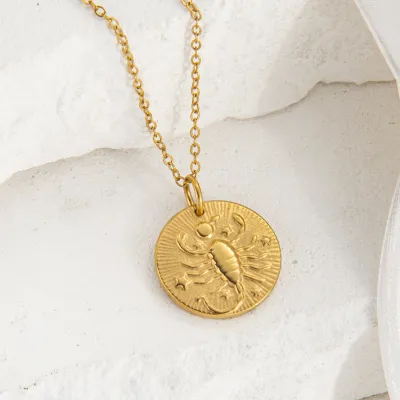 Women Fashion Twelve Zodiac Embossed Plated 18k Gold Pendant Necklace