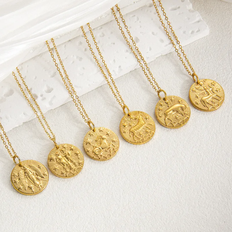 Women Fashion Twelve Zodiac Embossed Plated 18k Gold Pendant Necklace