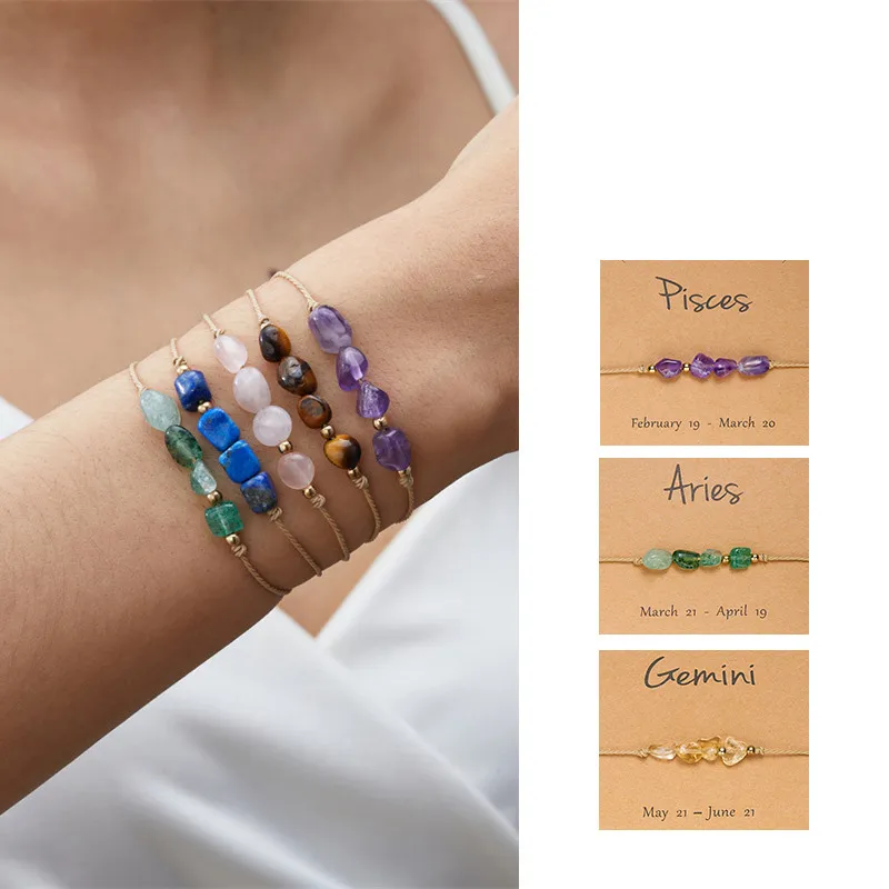 Women Fashion 12 Zodiac Card Pack Natural Gravel Bracelet