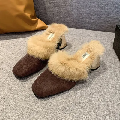 Women Fashion Winter Fleece-Lined Warm Wool Square-Toe High Heel Slippers