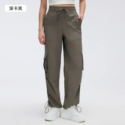 Women Fashion Casual Solid Color Outdoor Lightweight Quick-Drying Multi-Pocket Wide-Leg Sports Pants