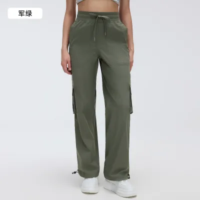 Women Fashion Casual Solid Color Outdoor Lightweight Quick-Drying Multi-Pocket Wide-Leg Sports Pants
