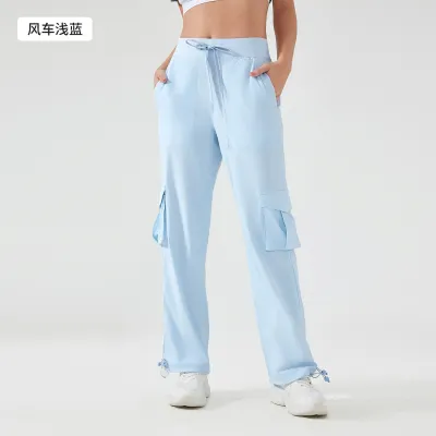 Women Fashion Casual Solid Color Outdoor Lightweight Quick-Drying Multi-Pocket Wide-Leg Sports Pants