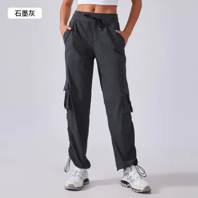 Women Fashion Casual Solid Color Outdoor Lightweight Quick-Drying Multi-Pocket Wide-Leg Sports Pants
