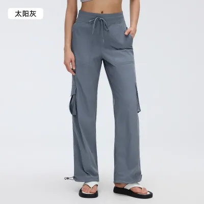 Women Fashion Casual Solid Color Outdoor Lightweight Quick-Drying Multi-Pocket Wide-Leg Sports Pants