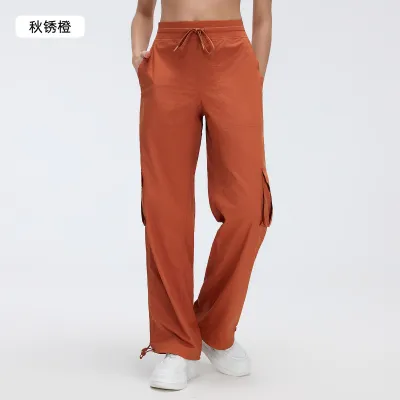 Women Fashion Casual Solid Color Outdoor Lightweight Quick-Drying Multi-Pocket Wide-Leg Sports Pants