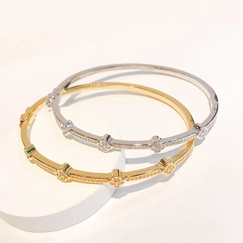 Women Fashion Zircon Four-Leaf Clover Copper Gold-Plated Bracelet