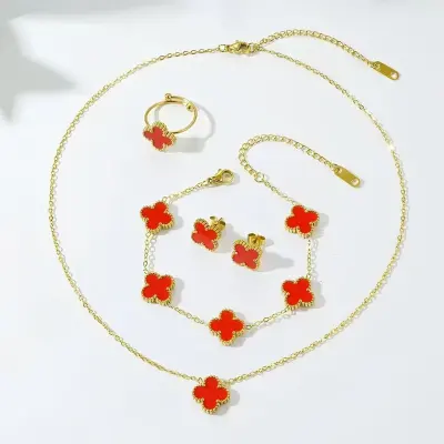 Women Fashion Stainless Steel Four-Leaf Clover Bracelet Necklace Ring Earrings Jewelry Set Four-Piece Set