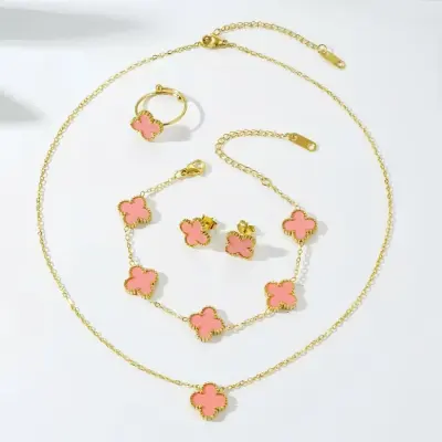 Women Fashion Stainless Steel Four-Leaf Clover Bracelet Necklace Ring Earrings Jewelry Set Four-Piece Set