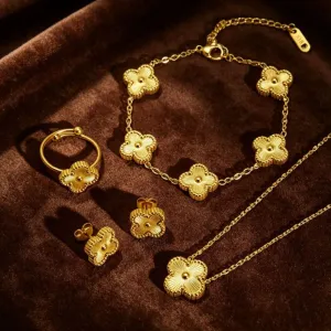 Women Fashion Stainless Steel Four-Leaf Clover Bracelet Necklace Ring Earrings Jewelry Set Four-Piece Set