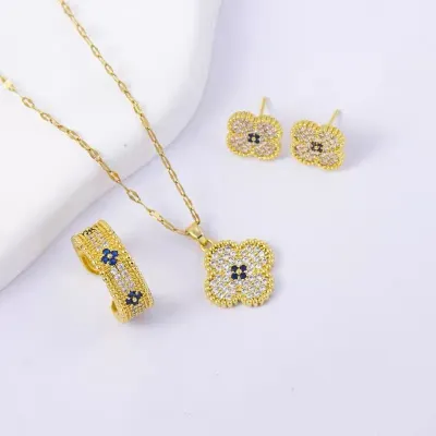 Women Fashion Copper Zirconium Floral Four-Leaf Clover Necklace Earrings Ring Jewelry Three-Piece Set