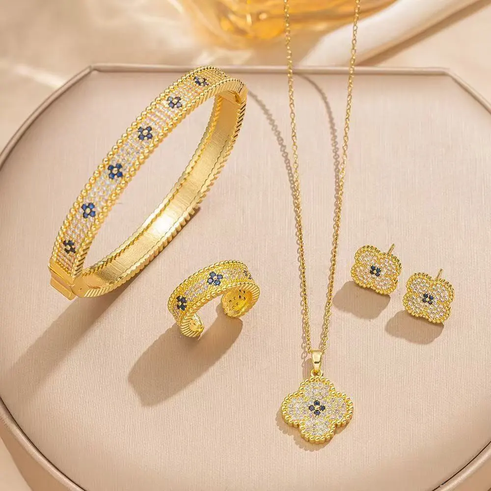 Women Fashion Copper Zirconium Floral Four-Leaf Clover Necklace Earrings Ring Jewelry Three-Piece Set