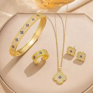 Women Fashion Copper Zirconium Floral Four-Leaf Clover Necklace Earrings Ring Jewelry Three-Piece Set