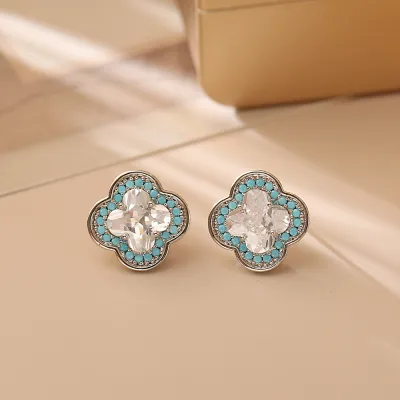 Women Fashion Four-Leaf Clover Zircon Earrings