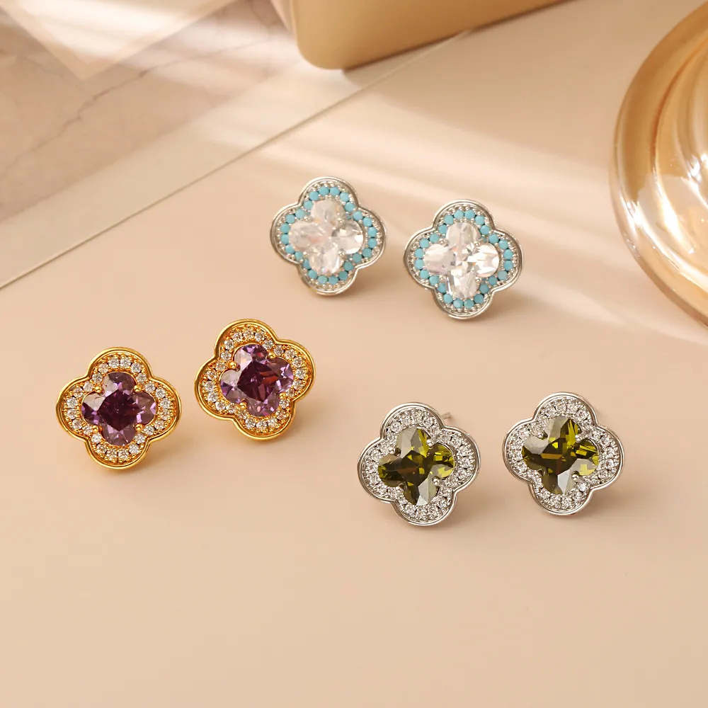 Women Fashion Four-Leaf Clover Zircon Earrings