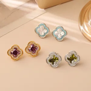 Women Fashion Four-Leaf Clover Zircon Earrings
