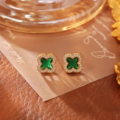 Women Fashion Multicolor Zircon Four-Leaf Clover Earrings