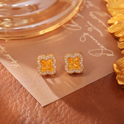 Women Fashion Multicolor Zircon Four-Leaf Clover Earrings
